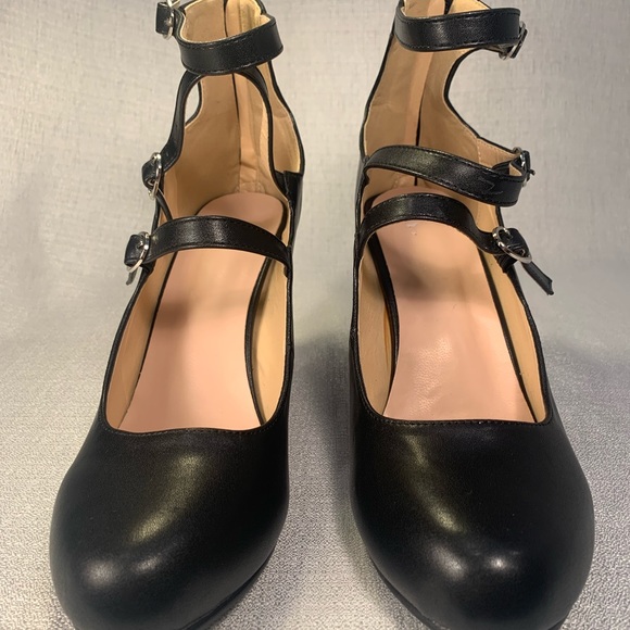 New black leather Mary Jane strappy 4” block heel three buckles rear zipper - Picture 2 of 16